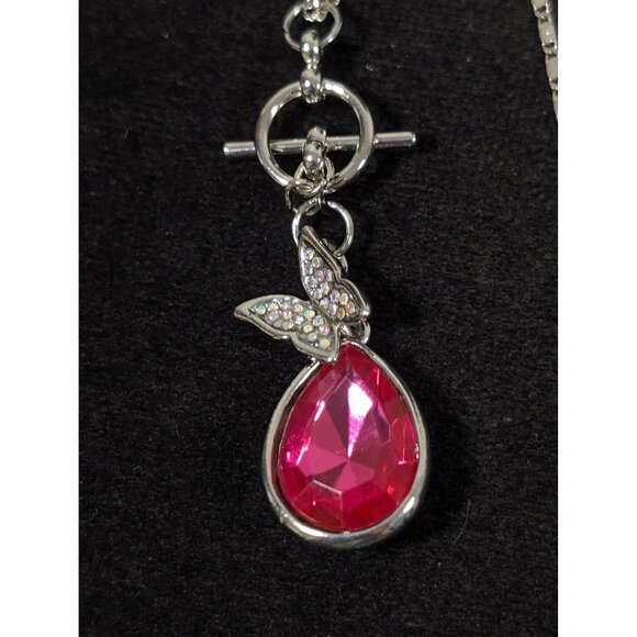 Boho Butterfly Teardrop Pendant AB Crystal Pave Toggle Necklace Silver Tone 18" - Picture 5 of 10